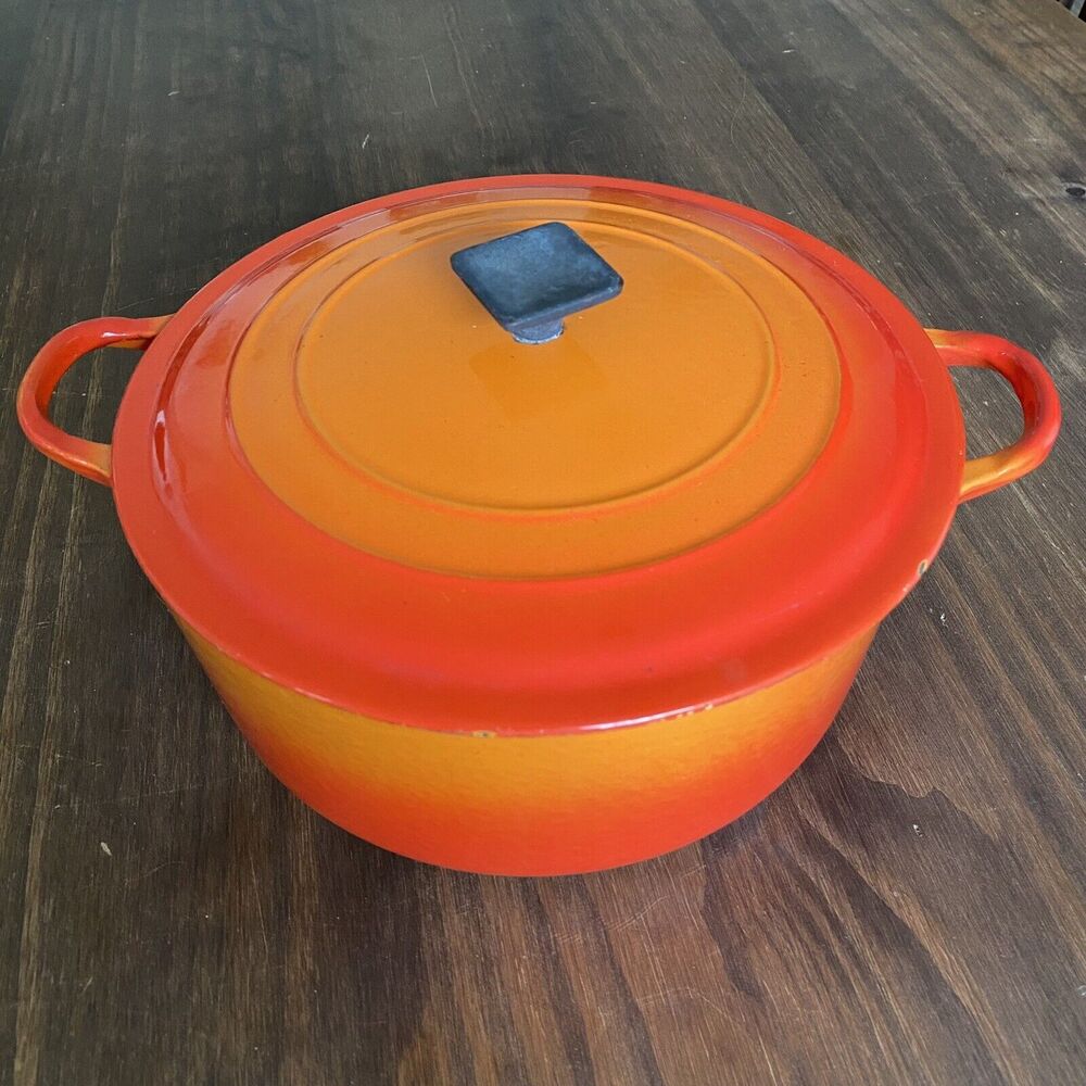 Vintage Le Creuset "E" Enameled Cast Iron Flame Orange Dutch Oven Pot with Lid